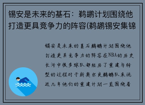 锡安是未来的基石：鹈鹕计划围绕他打造更具竞争力的阵容(鹈鹕锡安集锦)