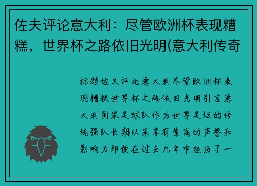 佐夫评论意大利：尽管欧洲杯表现糟糕，世界杯之路依旧光明(意大利传奇门将佐夫)