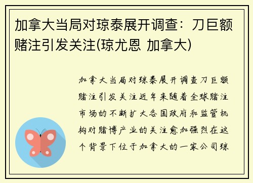 加拿大当局对琼泰展开调查：刀巨额赌注引发关注(琼尤恩 加拿大)