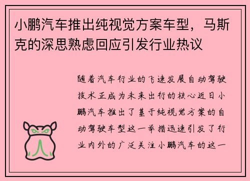 小鹏汽车推出纯视觉方案车型，马斯克的深思熟虑回应引发行业热议