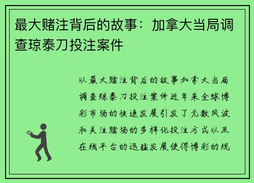 最大赌注背后的故事：加拿大当局调查琼泰刀投注案件