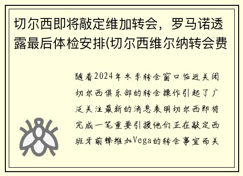 切尔西即将敲定维加转会，罗马诺透露最后体检安排(切尔西维尔纳转会费)