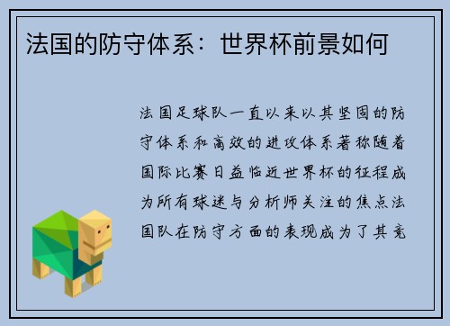 法国的防守体系：世界杯前景如何