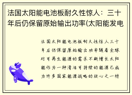 法国太阳能电池板耐久性惊人：三十年后仍保留原始输出功率(太阳能发电电池板价格)