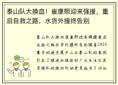 泰山队大换血！崔康熙迎来强援，重启自救之路，水货外援终告别
