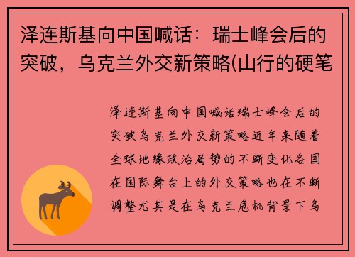 泽连斯基向中国喊话：瑞士峰会后的突破，乌克兰外交新策略(山行的硬笔)