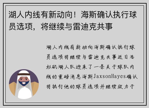 湖人内线有新动向！海斯确认执行球员选项，将继续与雷迪克共事