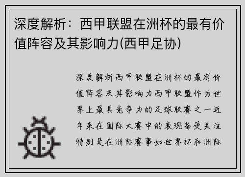 深度解析：西甲联盟在洲杯的最有价值阵容及其影响力(西甲足协)