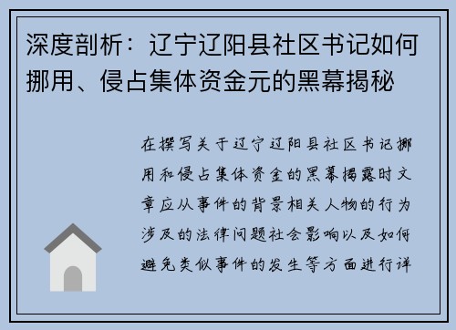 深度剖析：辽宁辽阳县社区书记如何挪用、侵占集体资金元的黑幕揭秘