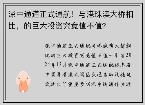 深中通道正式通航！与港珠澳大桥相比，的巨大投资究竟值不值？
