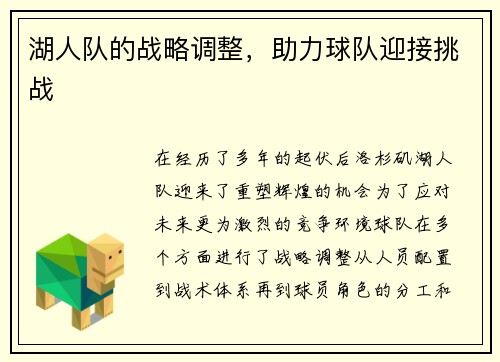湖人队的战略调整，助力球队迎接挑战