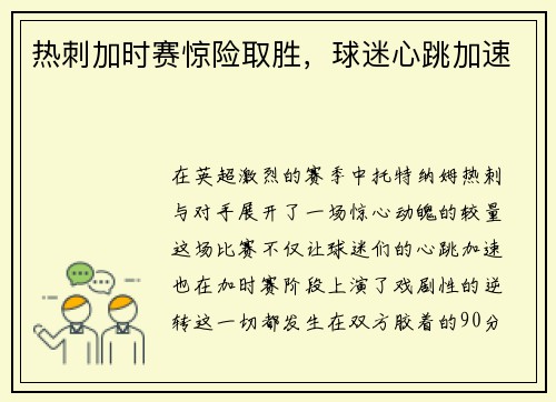 热刺加时赛惊险取胜，球迷心跳加速