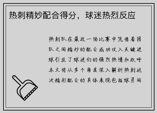 热刺精妙配合得分，球迷热烈反应
