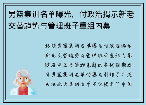 男篮集训名单曝光，付政浩揭示新老交替趋势与管理班子重组内幕