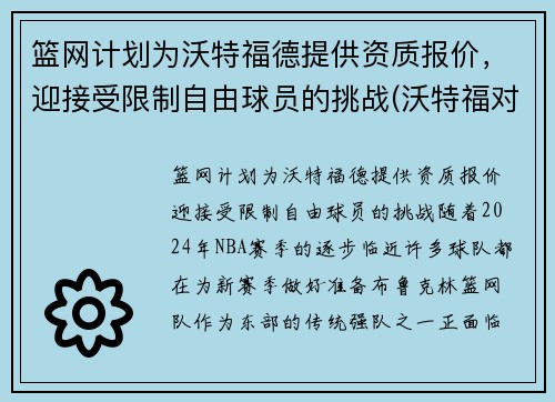 篮网计划为沃特福德提供资质报价，迎接受限制自由球员的挑战(沃特福对狼队)