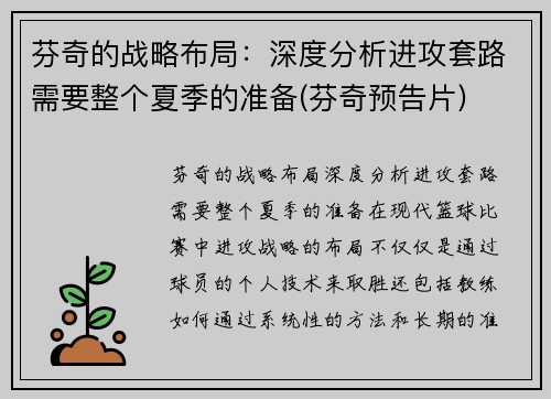 芬奇的战略布局：深度分析进攻套路需要整个夏季的准备(芬奇预告片)