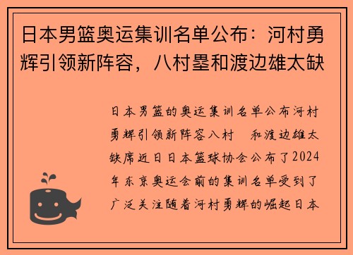 日本男篮奥运集训名单公布：河村勇辉引领新阵容，八村塁和渡边雄太缺席